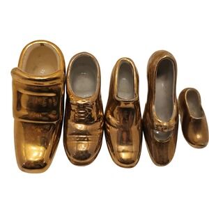 Vintage Gold Luster Ceramic Miniature Shoe Set 5pc Japan Mid Century Decor